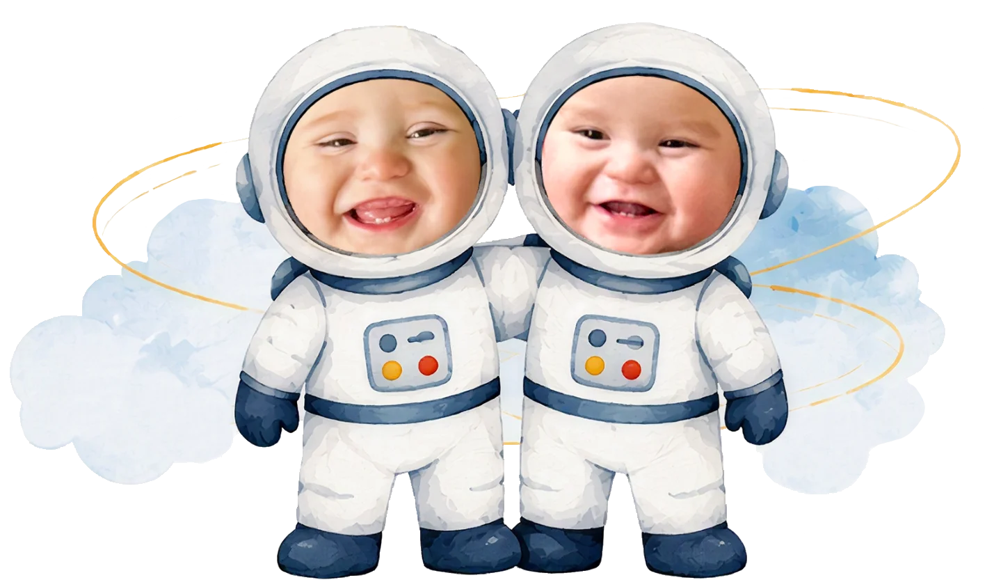 Wayne and Wesley dressed as smiling astronauts floating on a cloud